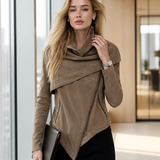 Women's Asymmetrical Zip Denim Jacket Draped Collar Moto Style