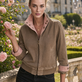 Brown Washed Bomber Jacket With Pink Contrast Collar