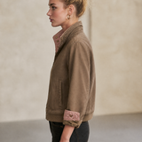 Brown Washed Bomber Jacket With Pink Contrast Collar