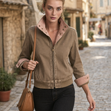 Brown Washed Bomber Jacket With Pink Contrast Collar