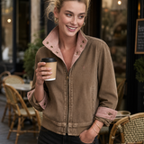 Brown Washed Bomber Jacket With Pink Contrast Collar
