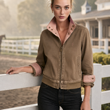 Brown Washed Bomber Jacket With Pink Contrast Collar