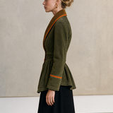 Olive Washed Peplum Utility Jacket With Corduroy Shawl Collar