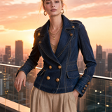 Women’s Dark Wash Denim Blazer With Gold Buttons