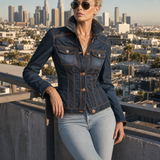 Women’s Fitted Dark Wash Denim Jacket With Orange Contrast Stitching