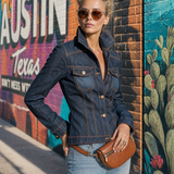 Women’s Fitted Dark Wash Denim Jacket With Orange Contrast Stitching