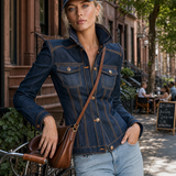Women’s Fitted Dark Wash Denim Jacket With Orange Contrast Stitching