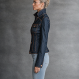 Women’s Fitted Dark Wash Denim Jacket With Orange Contrast Stitching