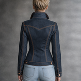 Women’s Fitted Dark Wash Denim Jacket With Orange Contrast Stitching