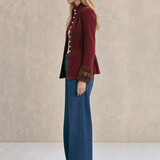 Women's Burgundy Denim Military-style Blazer With Gold Buttons