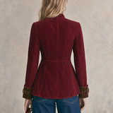 Women's Burgundy Denim Military-style Blazer With Gold Buttons