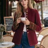 Women's Burgundy Denim Military-style Blazer With Gold Buttons