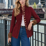 Women's Burgundy Denim Military-style Blazer With Gold Buttons