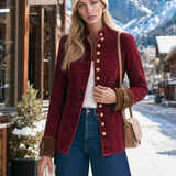 Women's Burgundy Denim Military-style Blazer With Gold Buttons