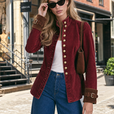 Women's Burgundy Denim Military-style Blazer With Gold Buttons