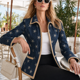 Women’s Star Print Fringe Denim Blazer Western Statement Jacket