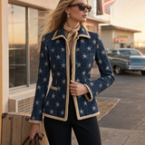 Women’s Star Print Fringe Denim Blazer Western Statement Jacket