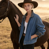 Women’s Vintage Wash Denim Bomber Jacket With Plaid Collar