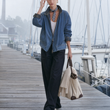Women’s Vintage Wash Denim Bomber Jacket With Plaid Collar