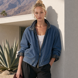Women’s Vintage Wash Denim Bomber Jacket With Plaid Collar