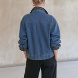 Women’s Vintage Wash Denim Bomber Jacket With Plaid Collar