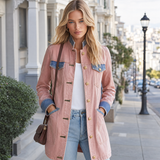 Women’s Blush Pink Denim Military Jacket With Contrast Blue Trim