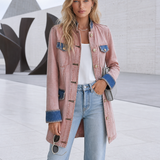 Women’s Blush Pink Denim Military Jacket With Contrast Blue Trim