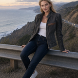 Women’s Vintage Black Grey Washed Denim Moto Jacket