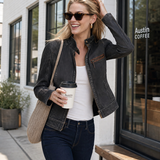 Women’s Vintage Black Grey Washed Denim Moto Jacket