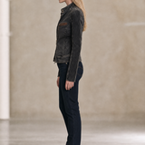 Women’s Vintage Black Grey Washed Denim Moto Jacket