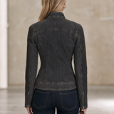 Women’s Vintage Black Grey Washed Denim Moto Jacket