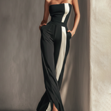 Women's Black Strapless Jumpsuit With Contrast White Vertical Stripe & Side Pockets MDZ0336C7T
