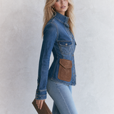 Fitted Denim Utility Jacket With Suede Pockets