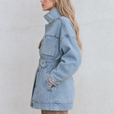 Belted Oversized Denim Utility Jacket For Women