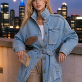 Belted Oversized Denim Utility Jacket For Women