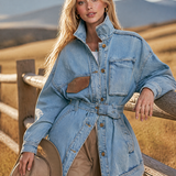 Belted Oversized Denim Utility Jacket For Women