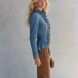 Romantic Ruffle Denim Military Jacket With Peplum Hem For Women