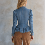 Romantic Ruffle Denim Military Jacket With Peplum Hem For Women