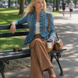 Romantic Ruffle Denim Military Jacket With Peplum Hem For Women