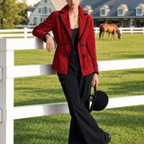 Women’s Red Denim Fitted Blazer Jacket With Black Trim