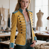 Retro Yellow Round Neck Button-decorated Velvet Jacket