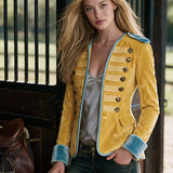 Retro Yellow Round Neck Button-decorated Velvet Jacket