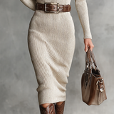 Women's Slim Fit Half Turtleneck V-Neck Long Sleeve Knitted Belted Midi Dress MDA1683I7Y