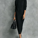Women's Elegant Black Knitted Turtleneck Long-sleeved Loose-fitting  Midi Dress With No Pockets MDA1974L7AN