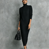 Women's Elegant Black Knitted Turtleneck Long-sleeved Loose-fitting  Midi Dress With No Pockets MDA1974L7AN