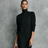 Women's Elegant Black Knitted Turtleneck Long-sleeved Loose-fitting  Midi Dress With No Pockets MDA1974L7AN