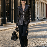 Equestrian Chocolate Brown Faux Leather Blazer Women Tailored Silver Button Fall Jacket