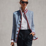 Elegant Vintage Ruffled Stand Collar Lace Trim Blue And White Striped Jacket