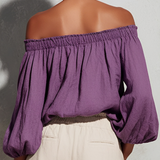 Women's Casual Style Purple Cotton And Linen Off-shoulder Long Lantern Sleeve Top MDZ0697E3GMJ