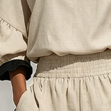 Women’s Beige Linen-Blend Contrast Ruffle Trim Long Sleeve Blouse & High-Waisted Ruffle Hem Shorts Two-Piece Set MDZ1018D0T